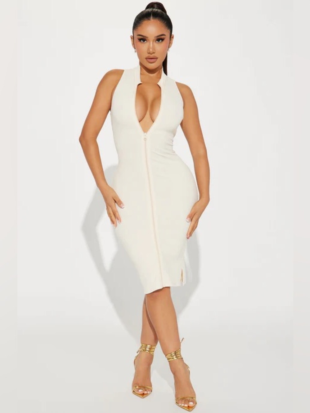 Cream Sleeveless Zip-Front Midi Bodycon Dress